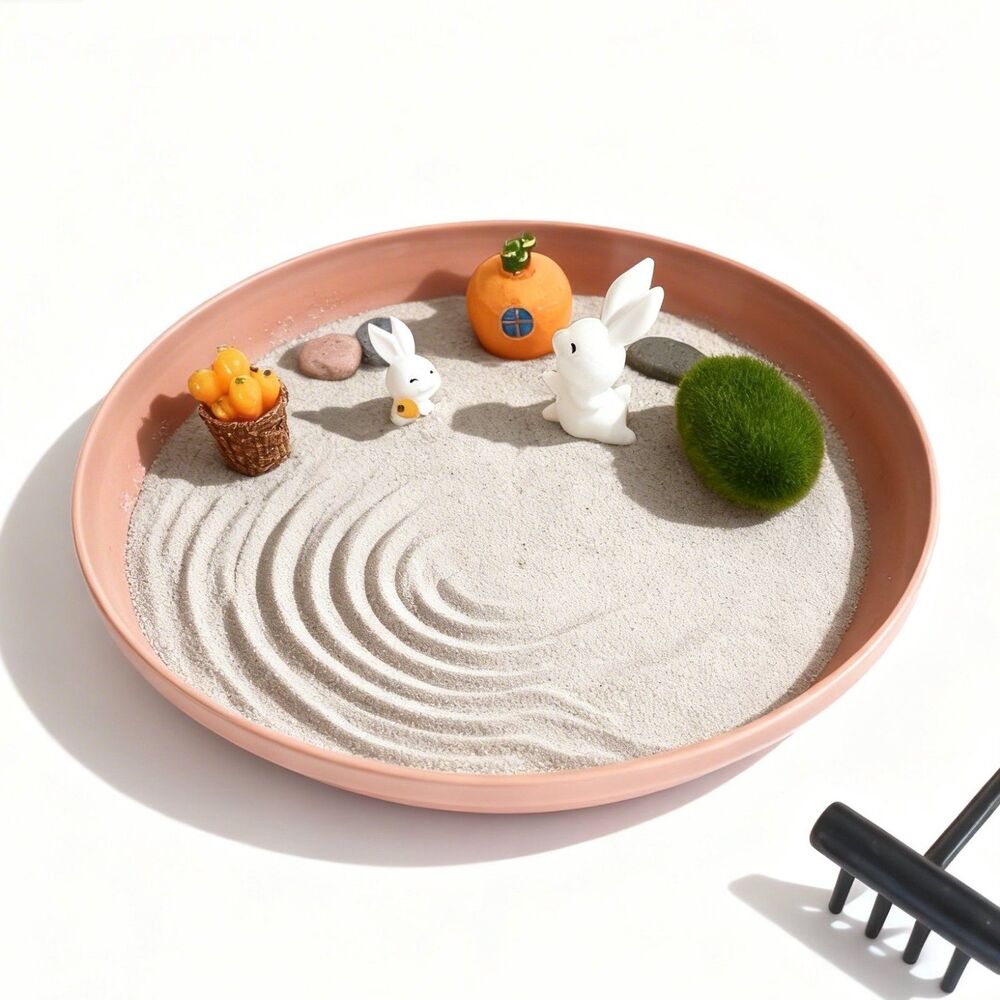 Mini Zen Garden with Rabbits and Pumpkin House, Cute Desk Sand Garden Kit